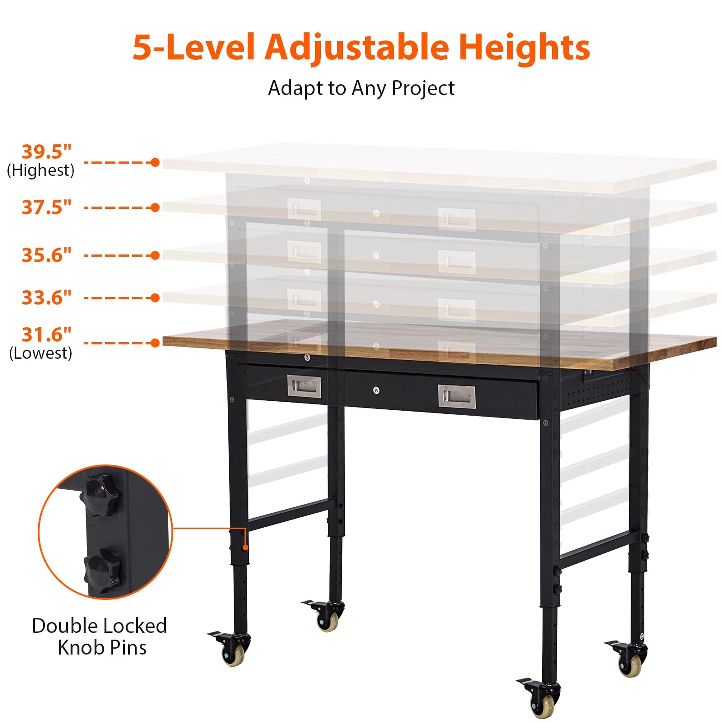 60 x 22 Workbench, Heavy Duty Adjustable Height Worktable with Rubber Wood Top, 2000 LBS Load Capacity, Tool Storage Station with Drawer, Power Outlets and Lockable Wheels, for Warehouse