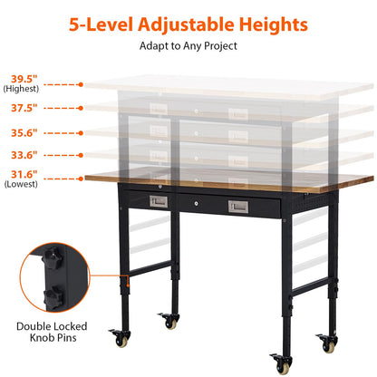 EliteEdge 60" Adjustable Work Bench, Heavy Duty Steel Frame Workbench with Storage Drawer, Wheels, 2000 Lbs Load Capacity, Rubberwood Top Work Table for Garage, Workshop, Black