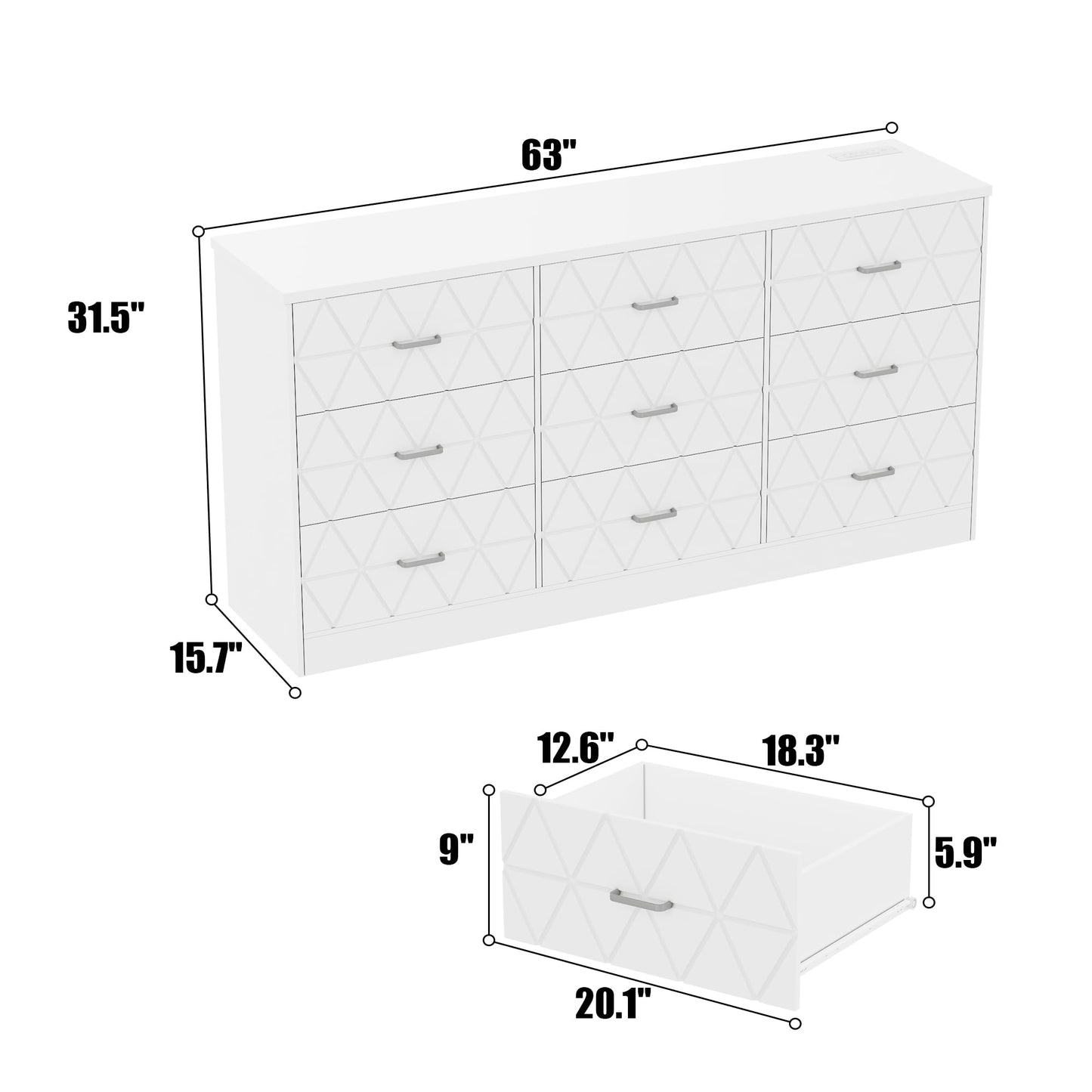 GAOMON 63'' Large Dresser for Bedroom with Power Outlet, 9 Drawers Dresser for Bedroom, Modern Chest of Drawers for Closet, Storage Organizer for Living Room, Hallway, b, Om,