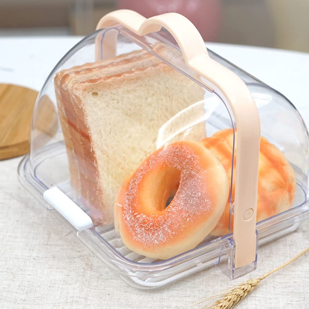BAOZOON Portable Bread Box with Handle and Transparent Lid Loaf Cake Storage Carrier with Removable Drain Rack Food Storage Container for Pastries Donuts Buns Fruits(Apricot Handle)