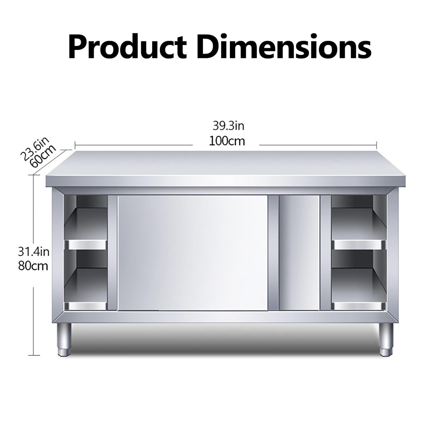 Stainless Steel Commercial Worktable, Heavy Duty Workbench w/Cabinet, Kitchen Prep Table w/Sliding Doors, Kitchen Prep Station for Restaurant, Food Service(100x60x80cm/39.3x23.6x31.4in)