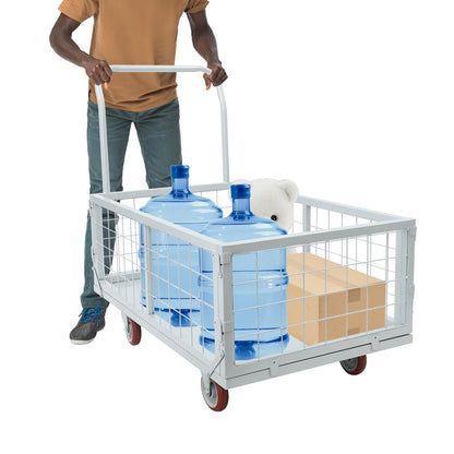Platform Truck Cart, 4-in-1 Heavy Duty Flatbed Dolly with Detachable Wire Cage, Folding Utility Push Cart with 360° Swivel Casters, Steel Rolling Trolley for Warehouse Garage Transport Moving