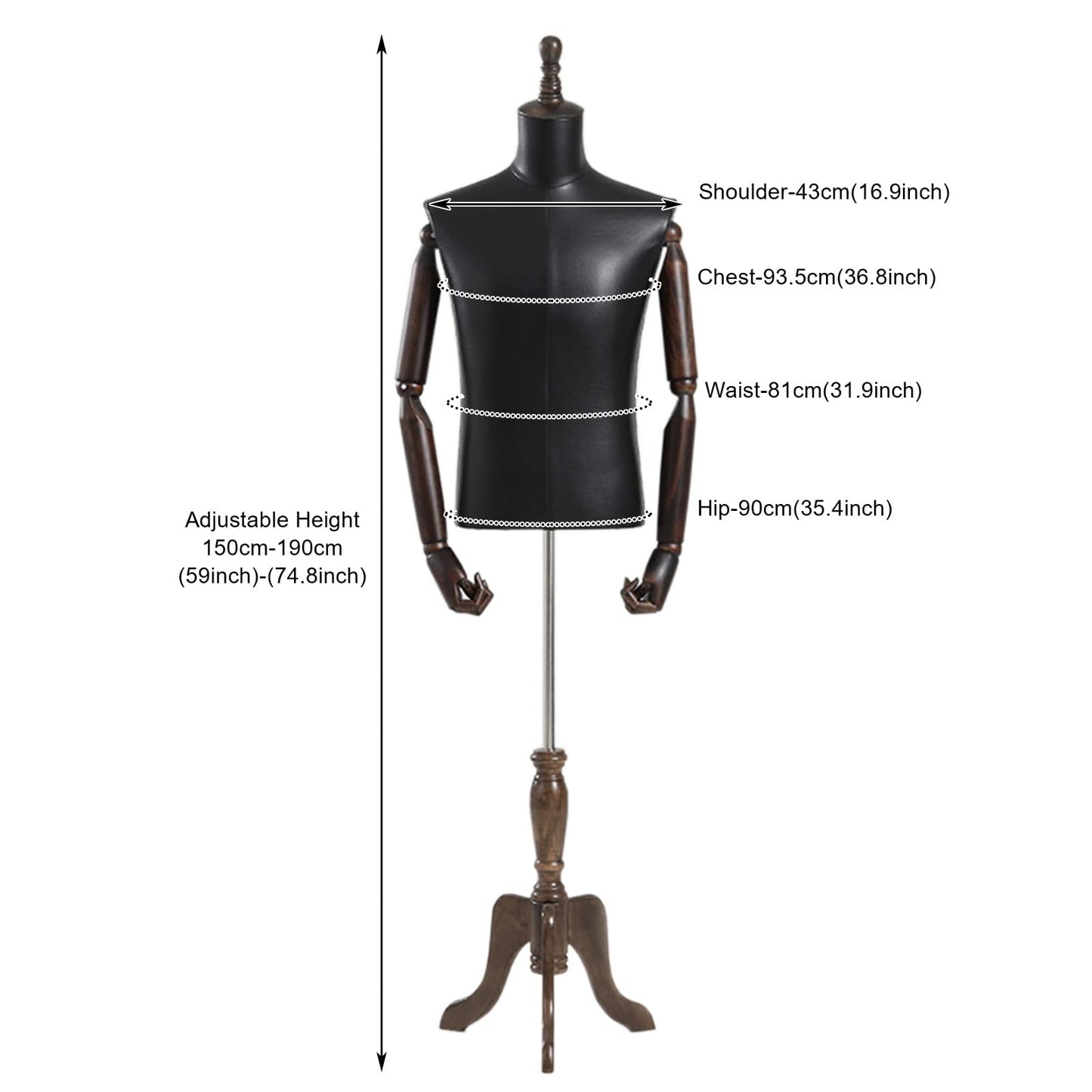 XYIANG Black Half Scale Manikin Premium Adjustable Clothing Forms Clothing Jewelry Display Mannequin Shows or Other Areas Dummy,Triangular Base-with Arms