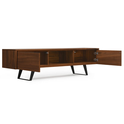 SIMPLIHOME Lowry TV Stand - 72 inch Wide Solid Mango Wood Media Console in Walnut, Modern Industrial Entertainment Center for Living Room for TVs up to 80 Inches with Open Shelf and Cable Management