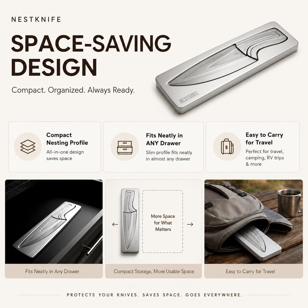 NestKnife Magnetic Kitchen Knife Set - 4 Piece VG10 High Carbon Stainless Steel Kitchen Knives with Patented Space-Saving Nesting Design & Magnetic Block - Ultra Sharp Professional Chef Knife Set