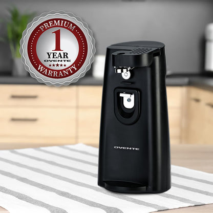OVENTE 3-in-1 Electric Can Opener, Bottle Opener and Knife Sharpener with Stainless Steel Blade and Easy to Use One-Touch Button, 70W Automatic Multifunctional Kitchen Countertop Tool, Black CAN33B