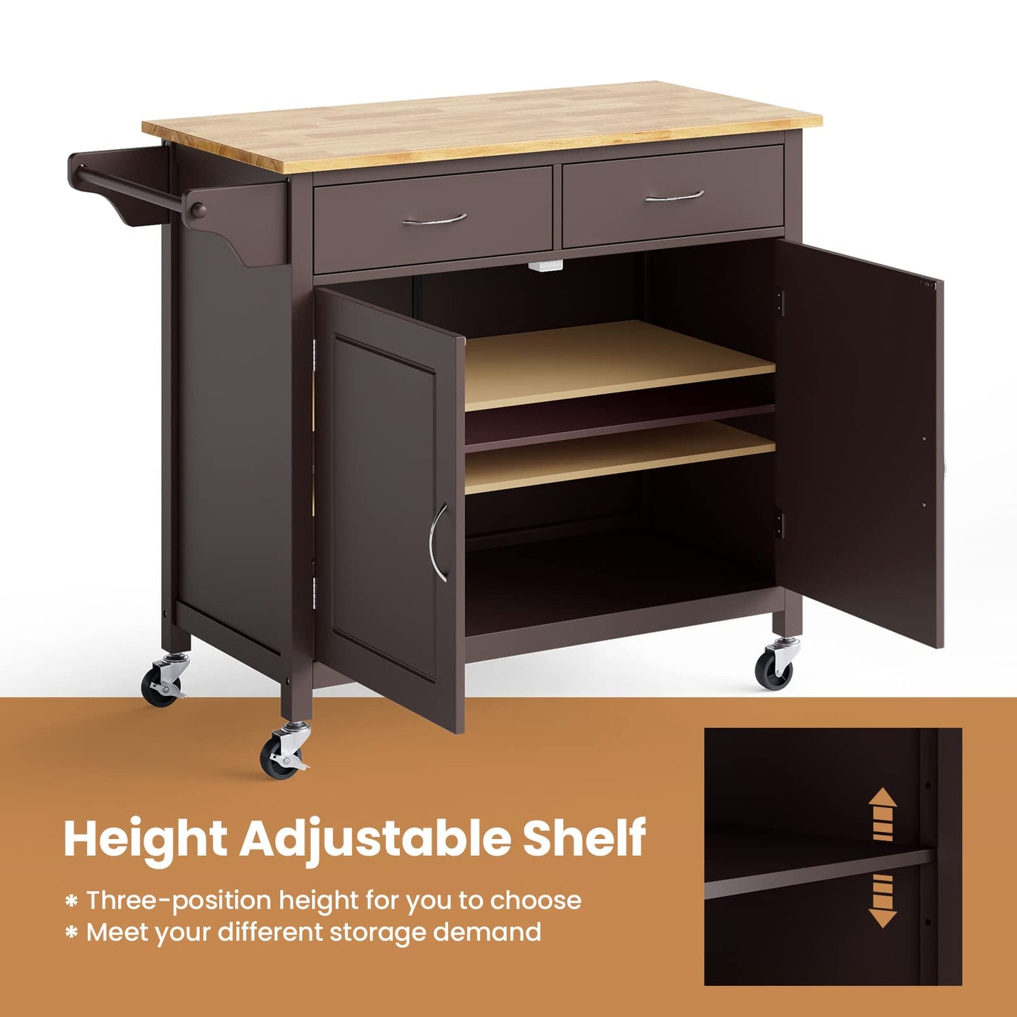 MEDIMALL Rolling Kitchen Island Cart, Utility Serving Cart with Drawers, Adjustable Shelf & Towel Rack, Mobile Island Table, Wooden Storage Trolley for Home, Restaurant & Bar, Rustic Brown