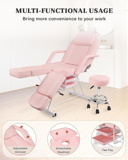 Tythical Pink Tattoo Artist Chair, Split Leg Facial Bed for Client Professional Beauty Lash Massage Bed with Hydraulic Stool & Extension Footrests for Salon Spa Barber Equipment