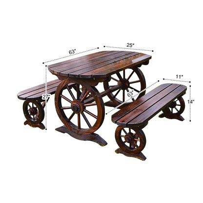 LLZJDDPLY Outdoor Picnic Table and Bench Set, Patio Dining Set Wooden Wagon Wheel, Outdoor Dining Table and Chair, for Garden Yard Porch(160cm/63in)
