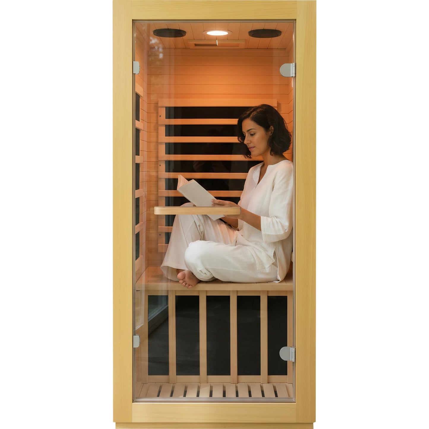 OUTEXER Infrared Sauna Room Indoor Saunas Home Obeche Wood 900W Low-EMF Dry Saunas Single Person Spa with 7 Color Light 32.3 * 28.3 * 61.4 inch