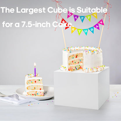 Hacaroa Set of 3 Acrylic Cube Riser Hollow Bottom, 6/7/8 Inch Small Glossy White Buffet Riser Food Display Stand, 5 Sides Cupcake Stand Nesting Display Box for Jewelry, Collectibles, Figures, 3 Sizes