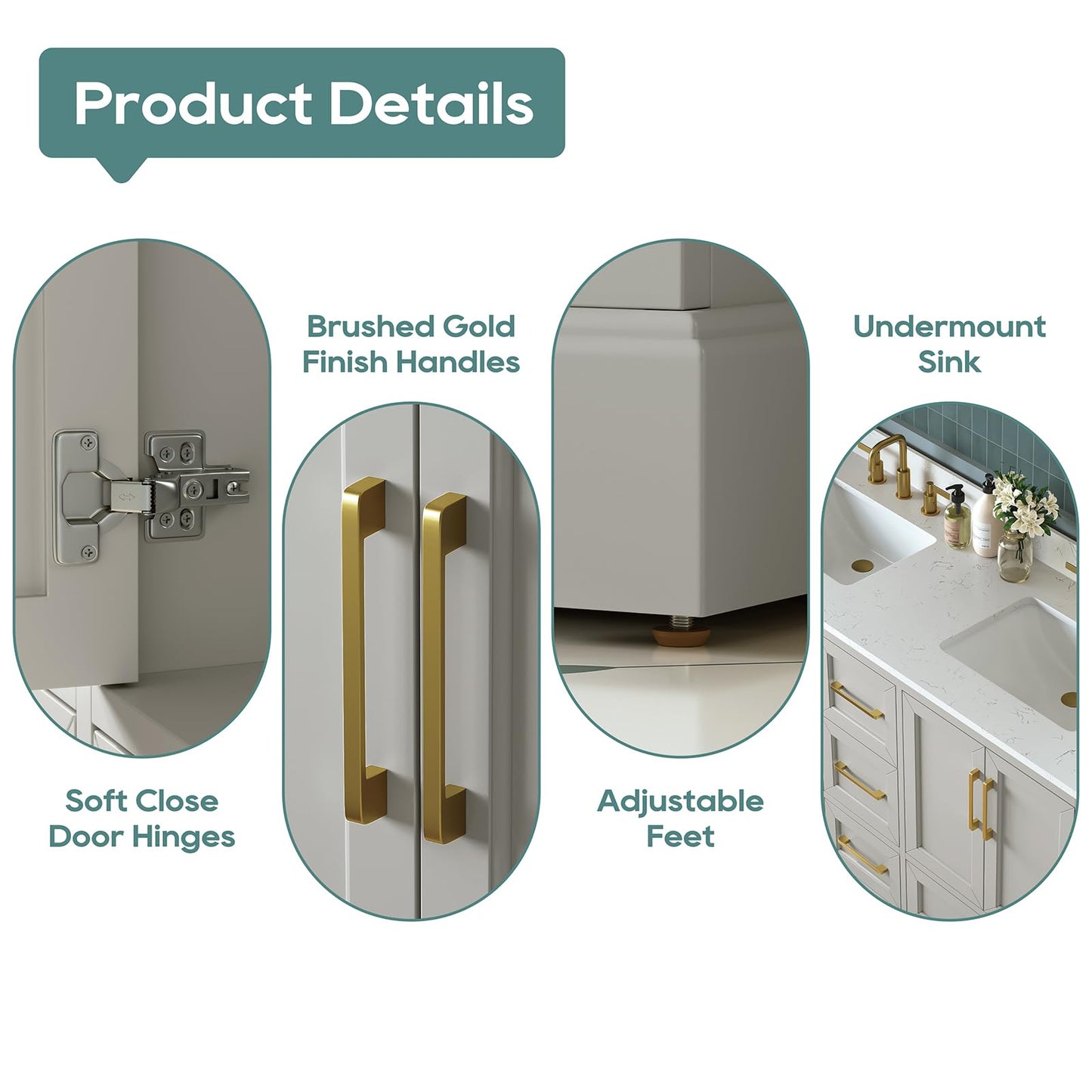 DELUXE LIVING 60 Inch Bathroom Vanity with Double Sink Combo, Solid Wood Frame with Mable Top &Backspalsh, Fully-Assembled with Soft-Closing Doors & 5 Drawers, Greige