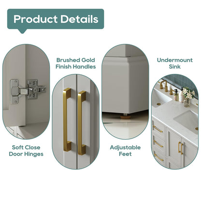 DELUXE LIVING 60 Inch Bathroom Vanity with Double Sink Combo, Solid Wood Frame with Mable Top &Backspalsh, Fully-Assembled with Soft-Closing Doors & 5 Drawers, Greige