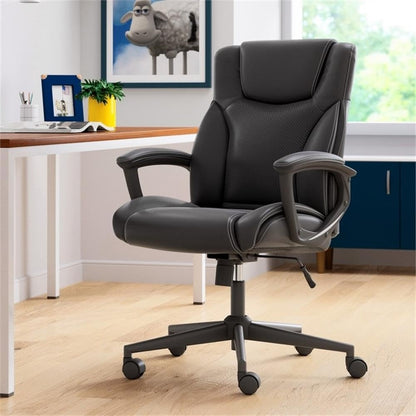 Pemberly Row Faux Leather Modern Swivel Executive Office Desk Chair, Height Adjustable Upholstered Rolling Chair for Meeting Room, Comfortable Computer Chair for Home Office and Study Room, Black