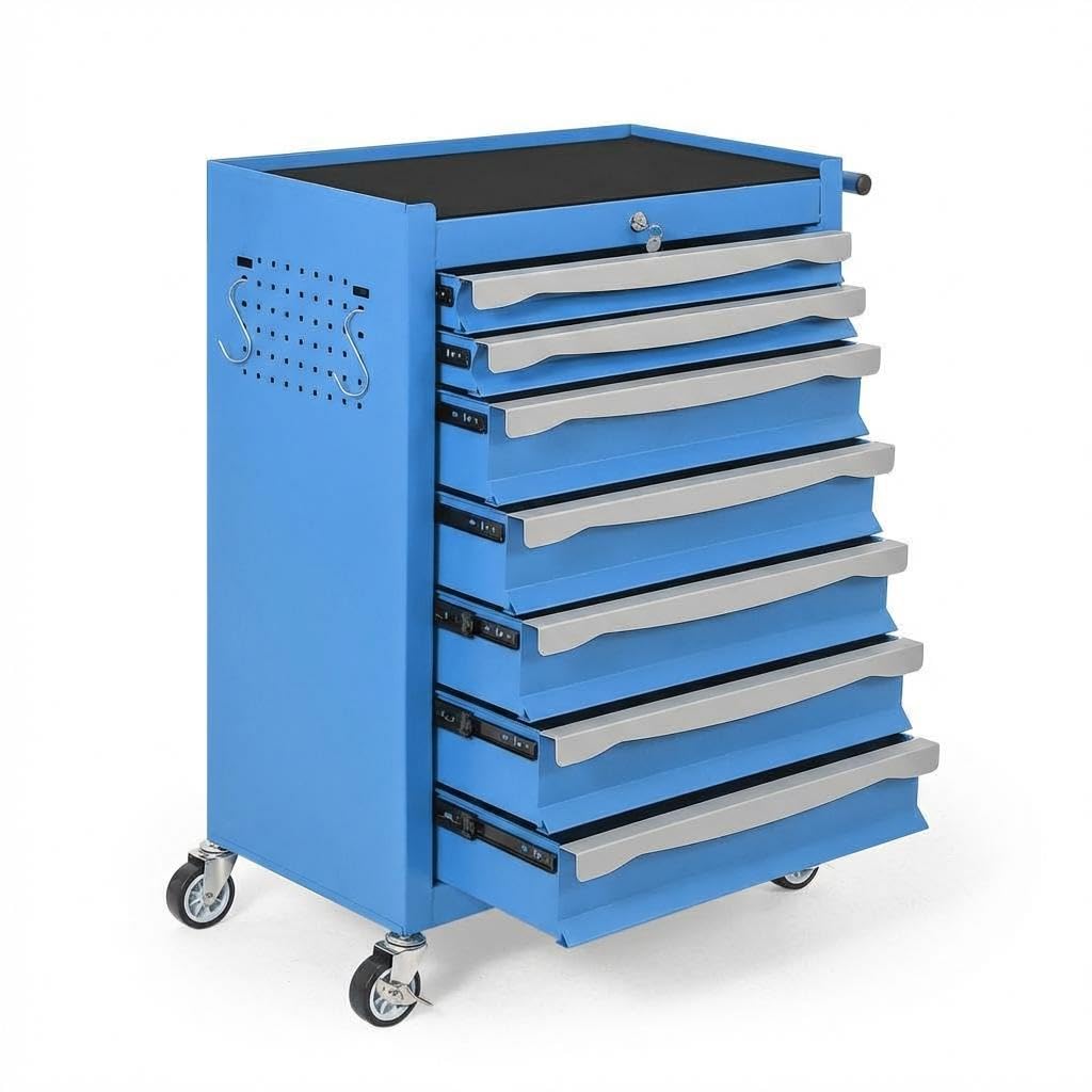 7-Drawer Tool Chest, Rolling Tool Cart with Wheels, Large Capacity Tool Storage Cabinet with Keyed Locking,Drawer Liners&Link Buckle, for Garage, Workshop, Warehouse,24.21"L * 13.78"W * 34.06"H Blue