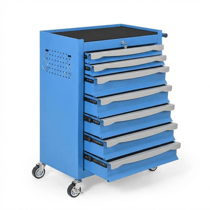 7-Drawer Tool Chest, Rolling Tool Cart with Wheels, Large Capacity Tool Storage Cabinet with Keyed Locking,Drawer Liners&Link Buckle, for Garage, Workshop, Warehouse,24.21"L * 13.78"W * 34.06"H Blue