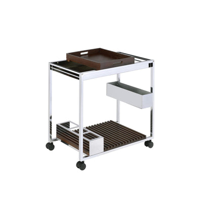 roomfitters Lisses Chrome and Walnut Serving Cart, Contemporary Luxury electroplated Electroplated Bar Trolley with Removable Serving Tray and Stemware Shelf