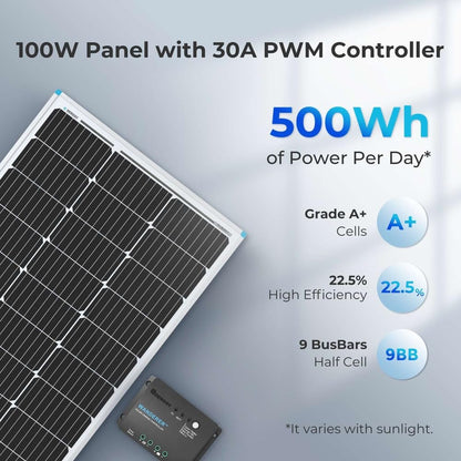 Renogy 100W 12V Solar Panel Starter Kit, 100 Watt Monocrystalline Solar Panel, 30A LCD PWM Charger Controller, Adaptor Kit, Tray Cables, Z Brackets for RV, Camper, and Other Off Grid Applications