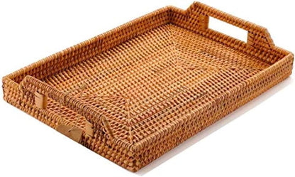 14.5" Small Hand-Woven Rattan Serving Tray with Handles Rectangular Snack Tray for Coffee Table, Fruit, Drinks, Decor