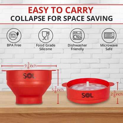 SOL Heat-Resistant Cooking Utensil Set, Microwave Silicone Popcorn Maker with Lid, BPA Free, Collapsible Bowl (Red)