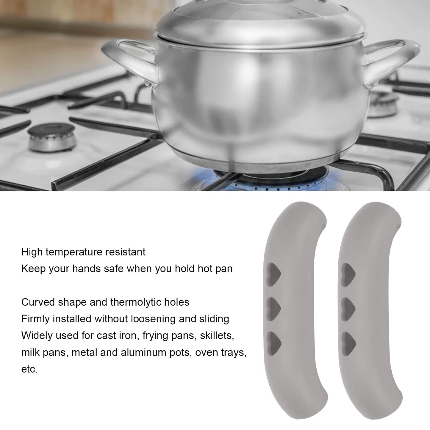 2 Pieces Silicone Hot Handle Holder, Non Slip Pot Holders Cover Assist Hot Pan Handle Rubber Heat Pot Sleeve Grip Cookware Handle for Frying Cast Iron Skillet Metal Pan (Gray)