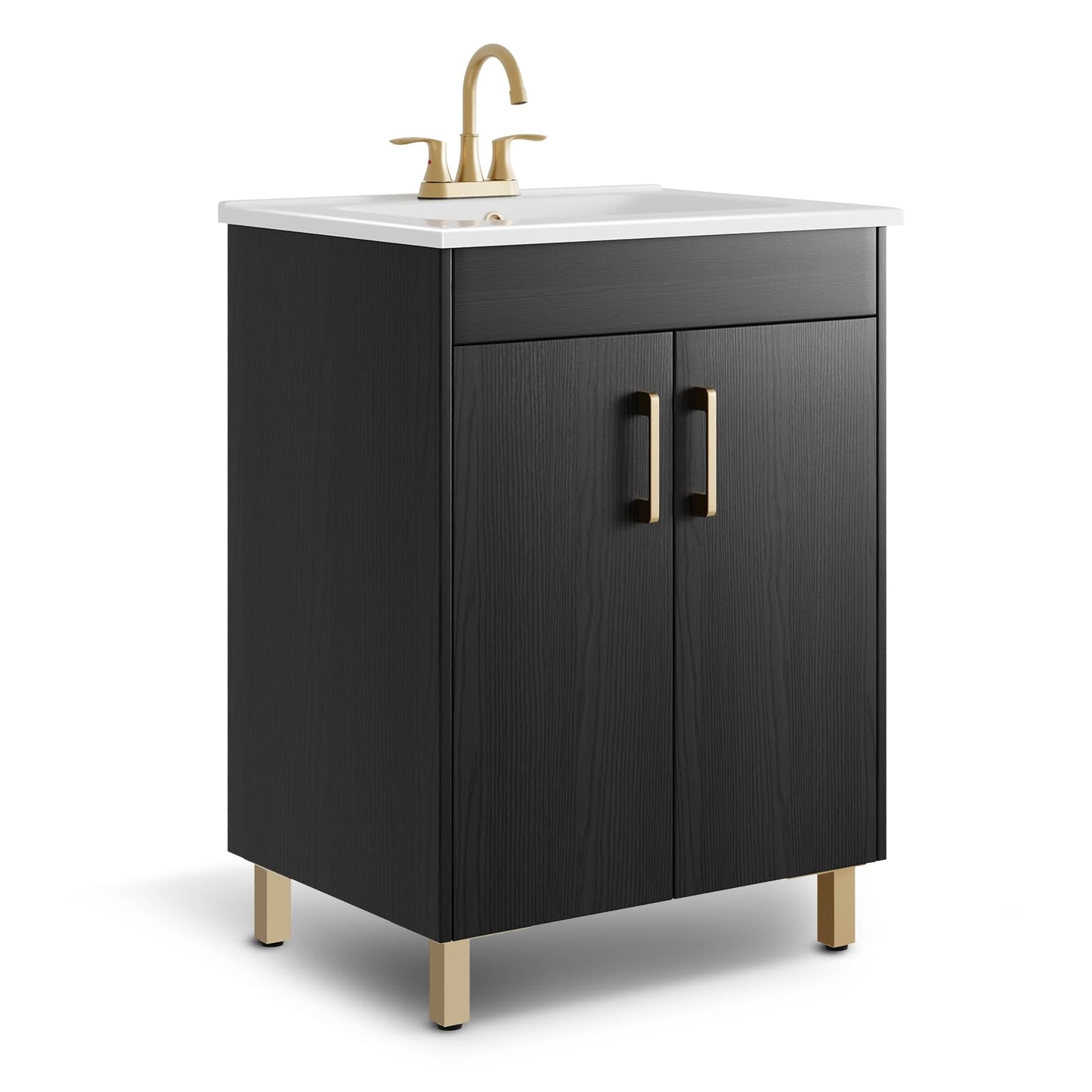 phiestina 24 Inch Fully Pre-Assembled Black Bathroom Vanity with Single Ceramic Countertop Sink Combo, 2 Soft Close Doors Bathroom Cabinet Set, Faucet Not Included, BV01-BLACK-JH