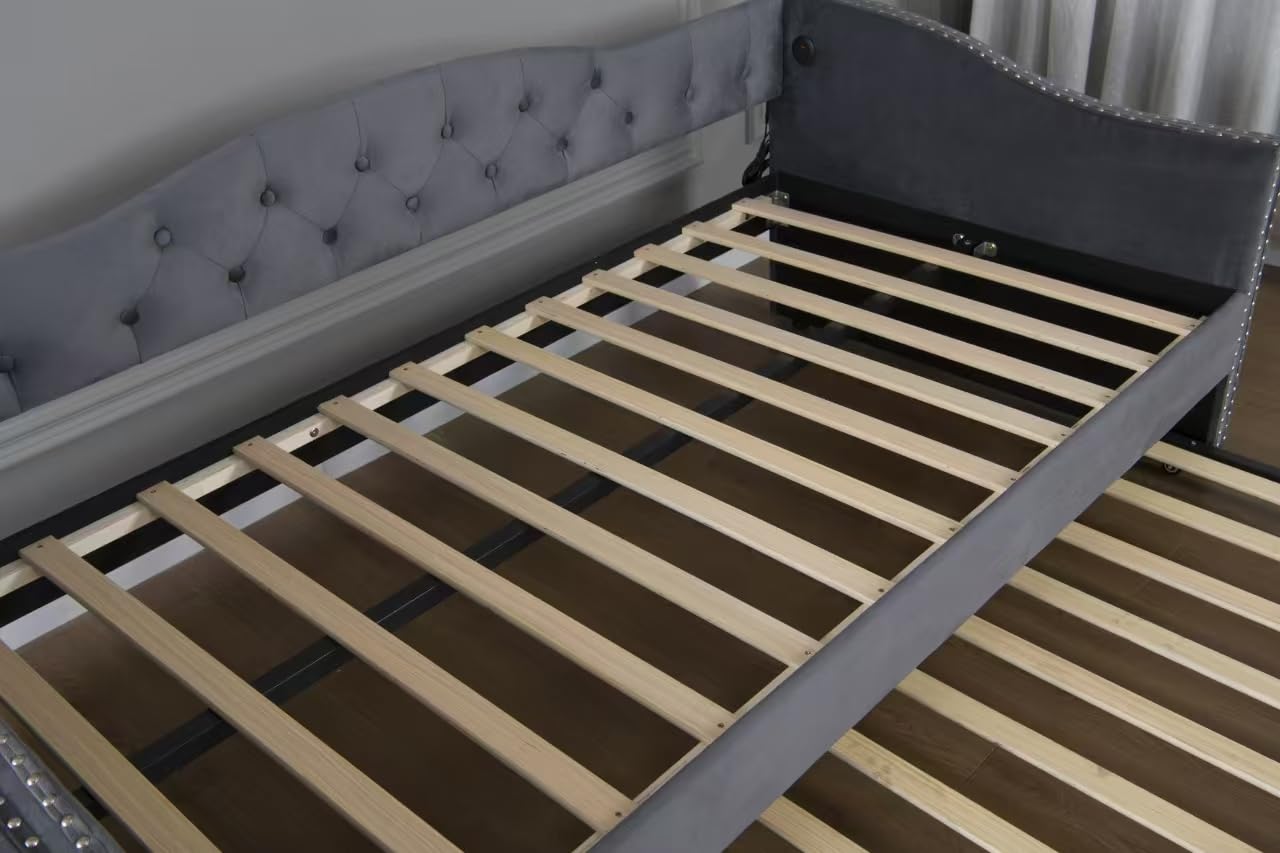 KEIKI Twin Size Daybed with Trundle and USB Charging, Upholstered Velvet Bed Frame with Storage, Captains Bed for Bedroom/Guestroom/Dorm, Gray