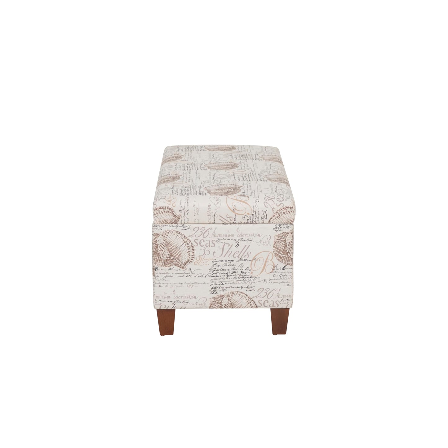 Linon Carmen Ivory and Beige Seashell Upholstered Lift Top Storage Ottoman with Wooden Feet