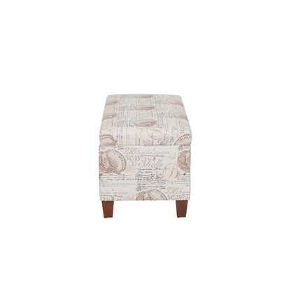 Linon Carmen Ivory and Beige Seashell Upholstered Lift Top Storage Ottoman with Wooden Feet