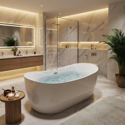 Luxury 71" Heated Whirlpool Bathtub, Smart Digital Control Acrylic Tub with Dual Air & Water Jets, Auto-Temp Heating System, Freestanding Rectangular Soaker with Complete Pump Kit, White