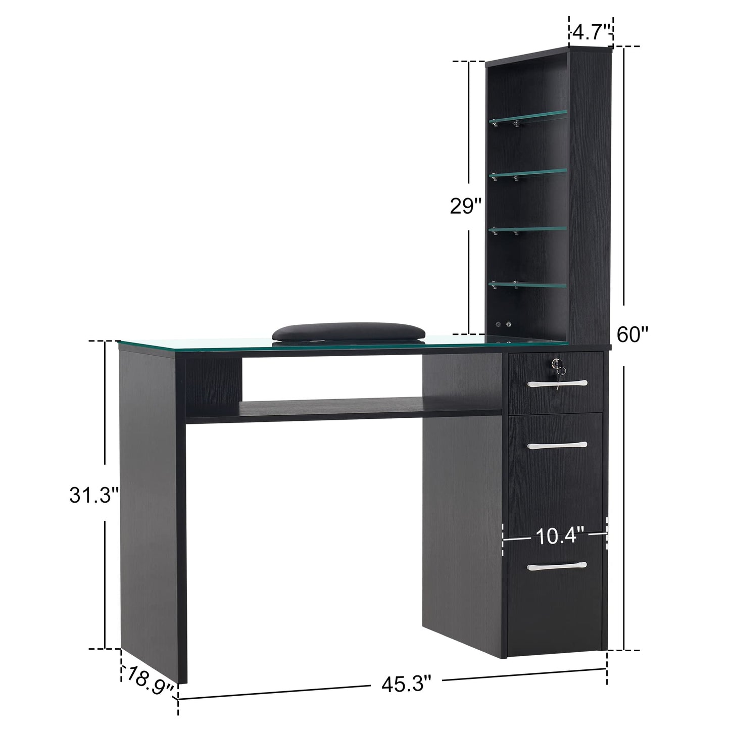BarberPub Manicure Table with Drawers & Storage Shelves, Spa Beauty Salon Station Nail Desk, 45.3"(L) x 19"(W) x 60"(H) 2673 (Black)
