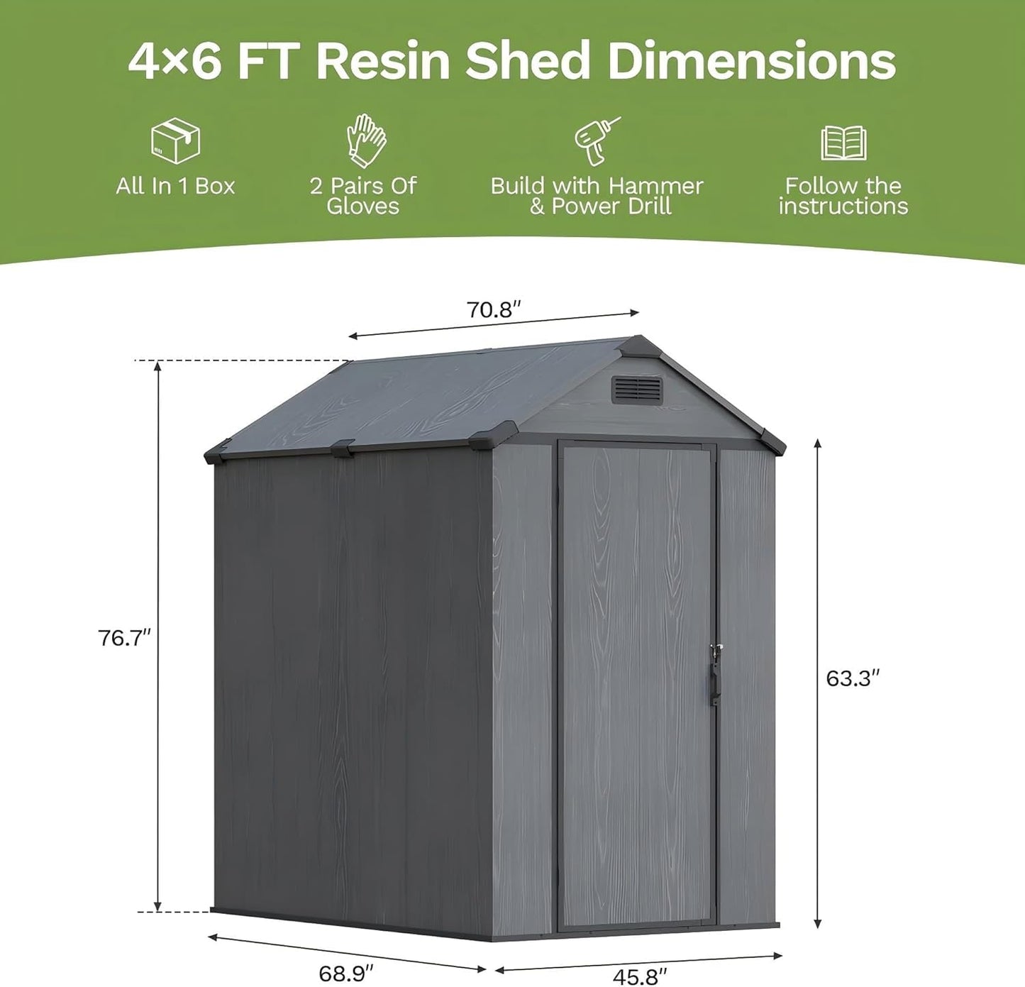 Patiowell 4x6 FT Plastic Outdoor Storage Shed with Floor, Resin Outside Shed with Lockable Door and Vents, Garden Sheds for Backyard, Patio, Lawn Mower, Dark Grey