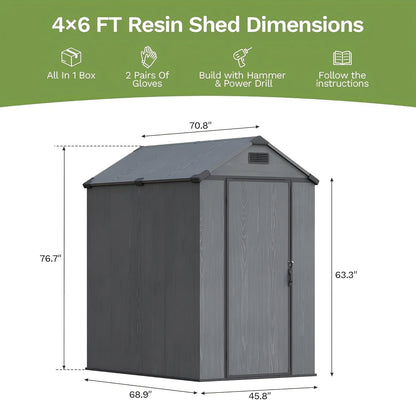 Patiowell 4x6 FT Plastic Outdoor Storage Shed with Floor, Resin Outside Shed with Lockable Door and Vents, Garden Sheds for Backyard, Patio, Lawn Mower, Dark Grey