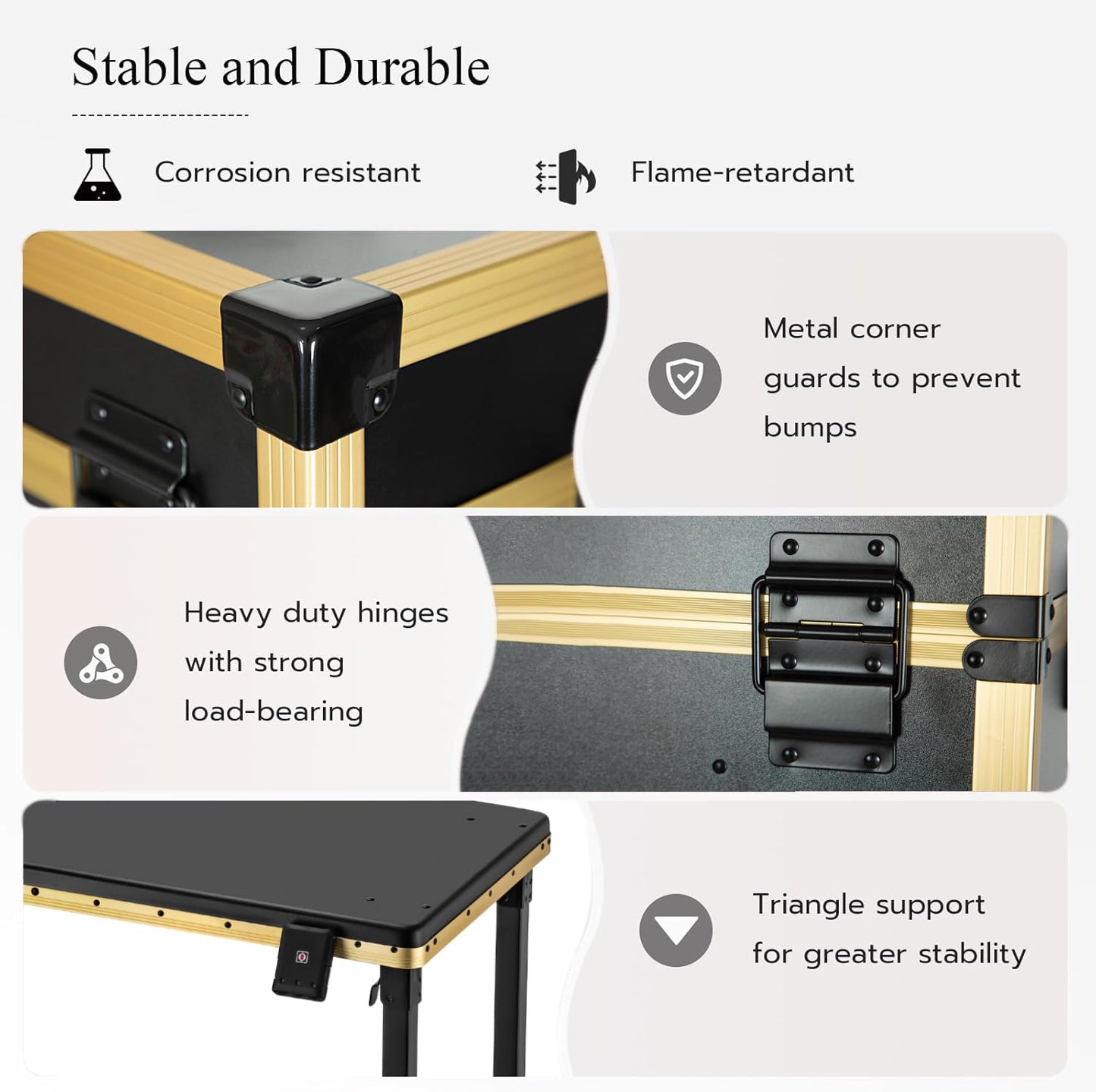 Gdsshuhung Portable Nail Desk with LED Mirror, Heavy Duty Foldable Manicure Table with 3 Drawers, Rolling Makeup Train Case Cosmetology Trolley on Wheels, Mobile Nail Tech Workstation (Gold)