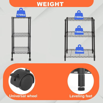 3-Tier 23"x13"x31" 170 lbs PayLessHere | Wire Shelf with Wheels | | Black | Adjustable Racks | Heavy-Duty Storage