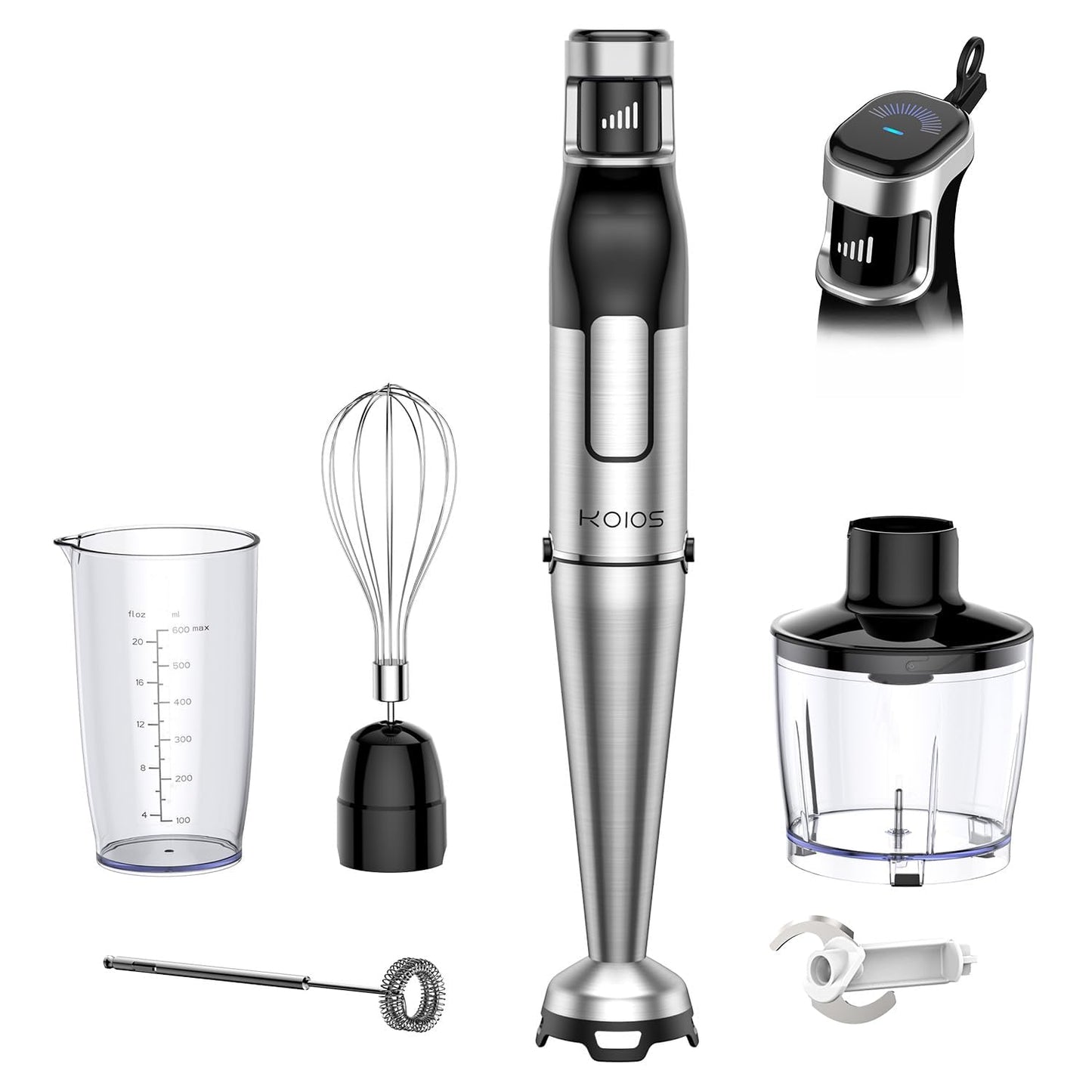 KOIOS Immersion Blender Handheld - Trigger Variable Speed 5-in-1 Immersion Hand Blender 1100W, Anti-Scratch Stainless Steel Shaft, Chopper & Milk Frother, Non-BPA for Soup, Baby Food and Smoothies