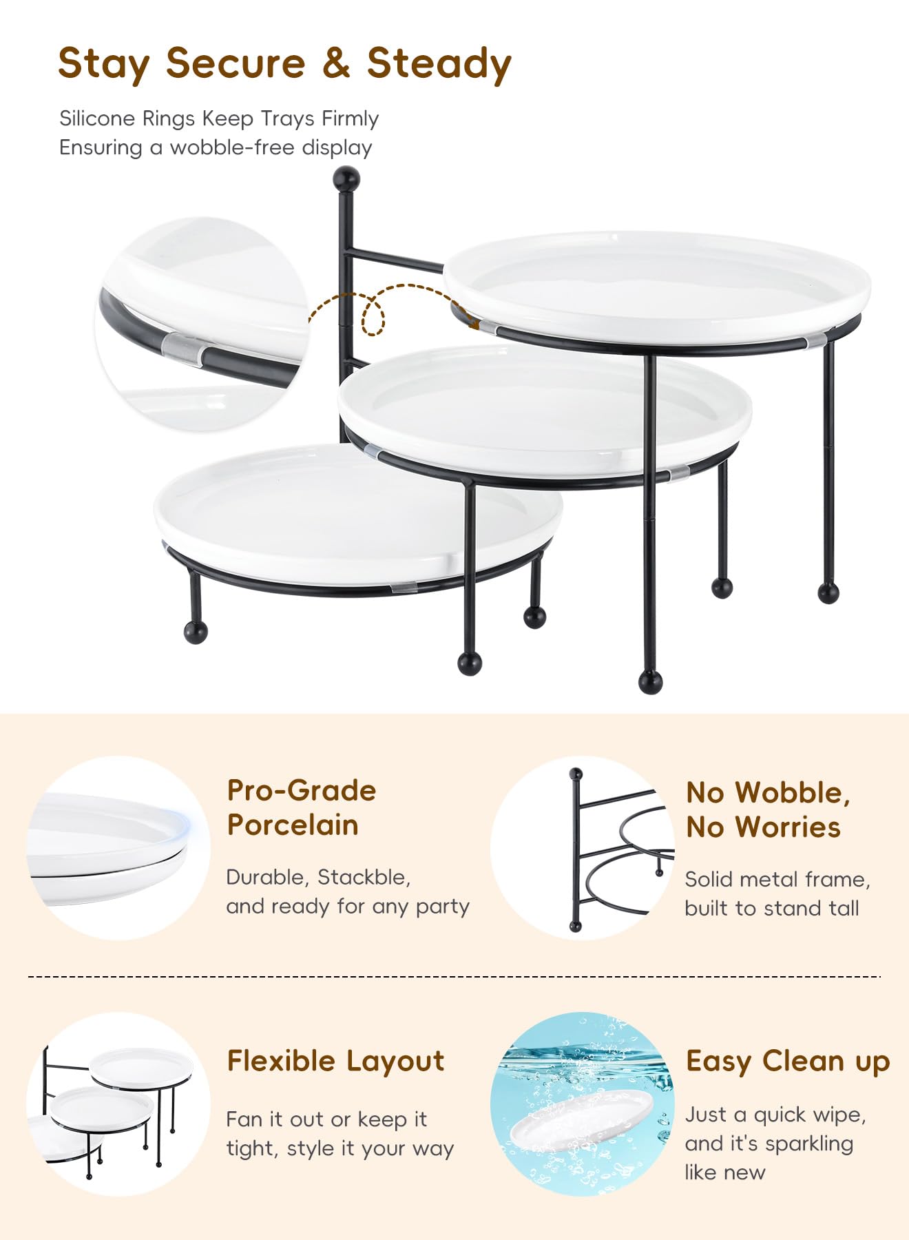 Yedio 3 Tiered Serving Stand with White Porcelain Plates, 10" Round Tray, Dessert Table Display Set, Round Dishes with Black Metal Display Stand for Veggie, Fruit, Cookies, Black