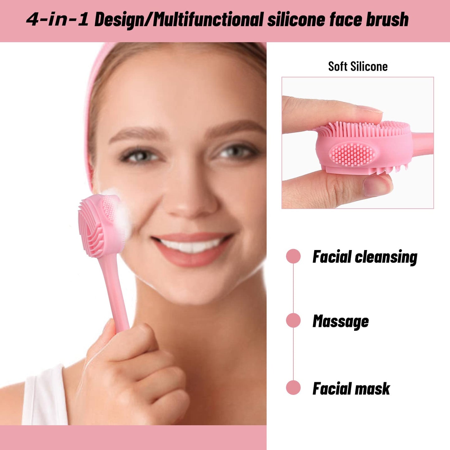 Silicone Facial Cleansing Brush 3 Pack, Beomeen 4 in 1 Handheld Face Scrubber for Deep Gentle Exfoliating, Double-Ended Face Wash Scrub Brush for Face Skincare and Massage (Green)