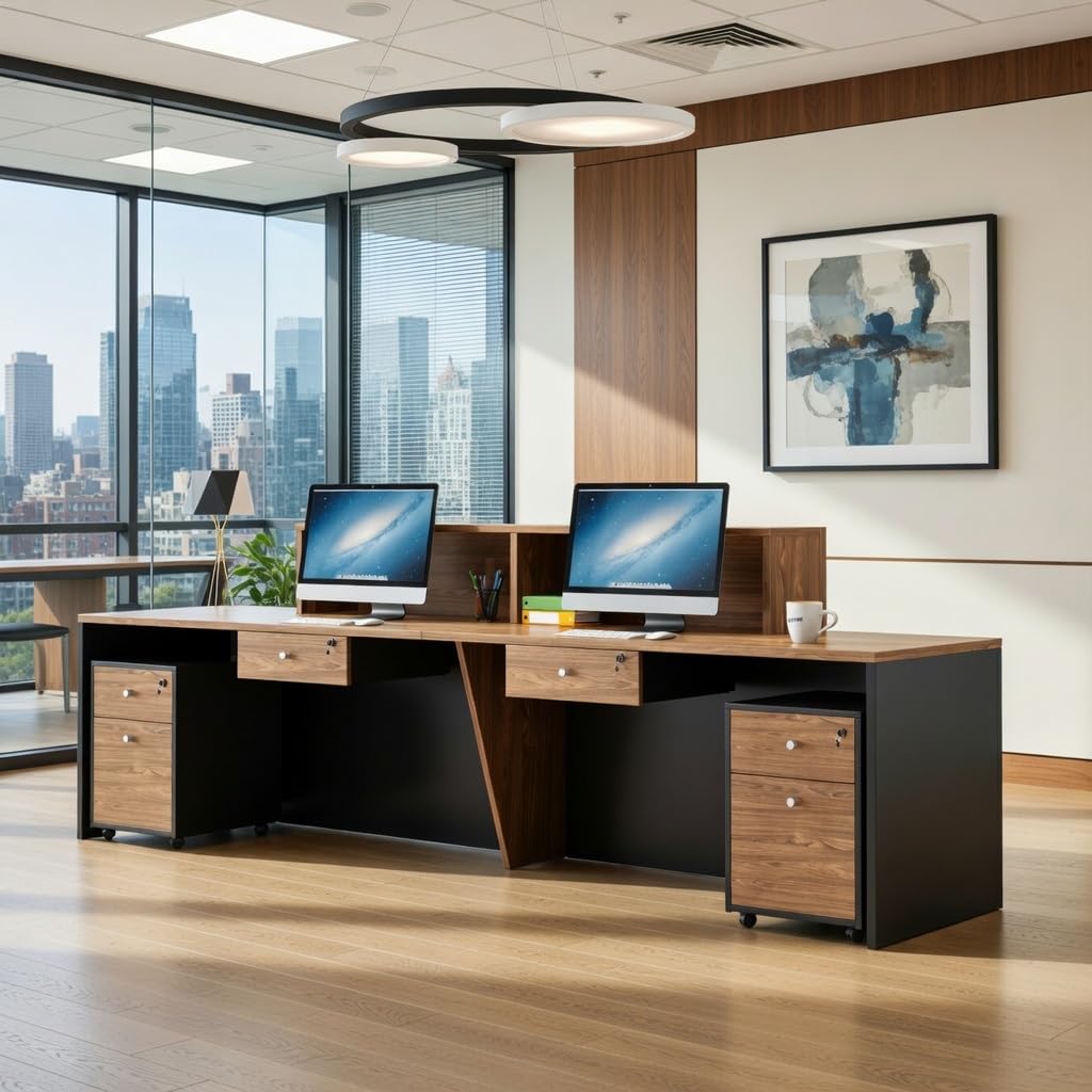 Modern Reception Desk with Counter,Large Front Desk L Shaped Reception Counter with 2 Lockable Drawers and 2 Mobile Storage Cabinets,Receptionist Desks for Office,Salon,or Retail, Checkout Counter