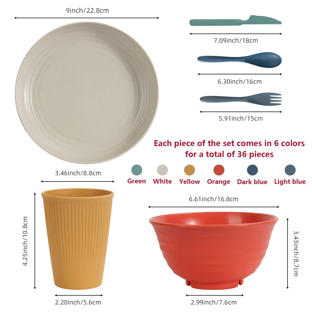 Wheat Straw Dinnerware Sets 36 Piece Unbreakable Dinnerware Sets, Reusable Wheat Straw Plates and Bowls Sets, Travel Camping Cutlery Set, Dishwasher Microwave Safe Dinnerware Colourful