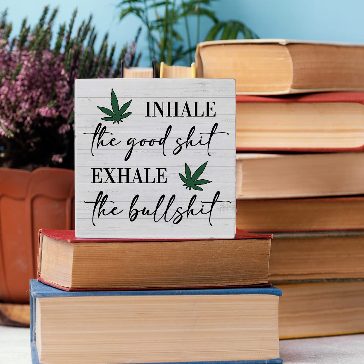 Inspirational Quotes Sign Funny Desk Decor Wooden Box Sign Decor Rustic Wood Block Plaque Box Sign for Home Farmhouse Office Kitchen Bathroom Shelf Table Decoration Inhale Exhale Sign