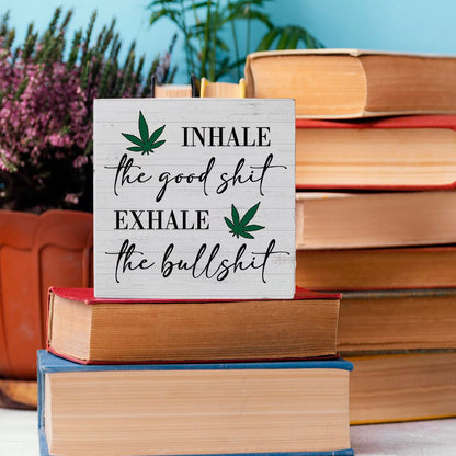 Inspirational Quotes Sign Funny Desk Decor Wooden Box Sign Decor Rustic Wood Block Plaque Box Sign for Home Farmhouse Office Kitchen Bathroom Shelf Table Decoration Inhale Exhale Sign