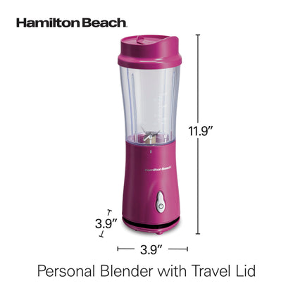 Hamilton Beach Portable Blender for Shakes and Smoothies, 14 Oz BPA Free Travel Cup & Lid, Durable Stainless Steel Blades, Personal Smoothie Blender, Raspberry, 51131G