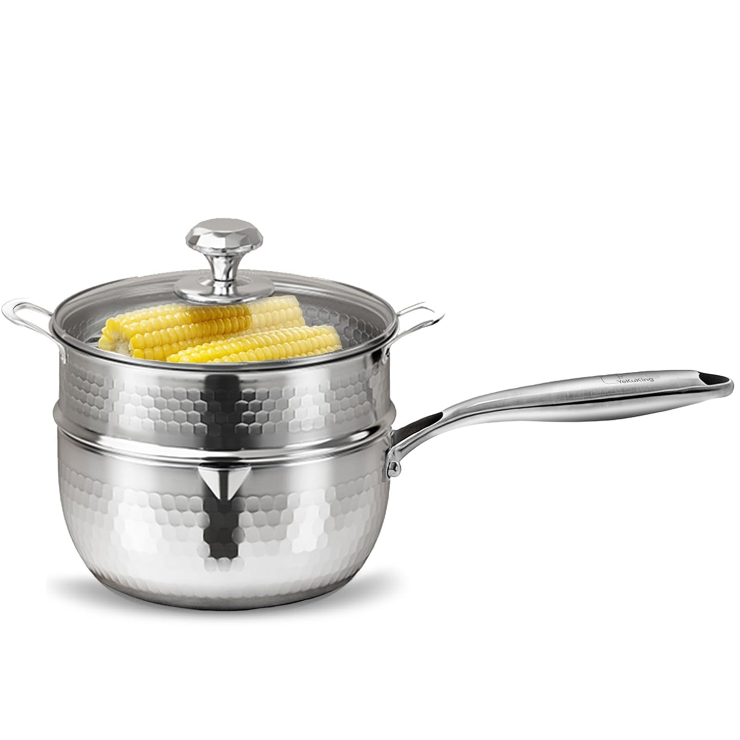 2.5 QT Tri-Ply Stainless Steel Hammered Saucepan with Steamer visible Lid and Pour Spout Japanese Milk Pot for Cooking Milk Noodle Pasta Soup Vegetable Induction Compatible Dishwasher Safe