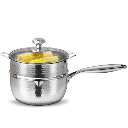 2.5 QT Tri-Ply Stainless Steel Hammered Saucepan with Steamer visible Lid and Pour Spout Japanese Milk Pot for Cooking Milk Noodle Pasta Soup Vegetable Induction Compatible Dishwasher Safe
