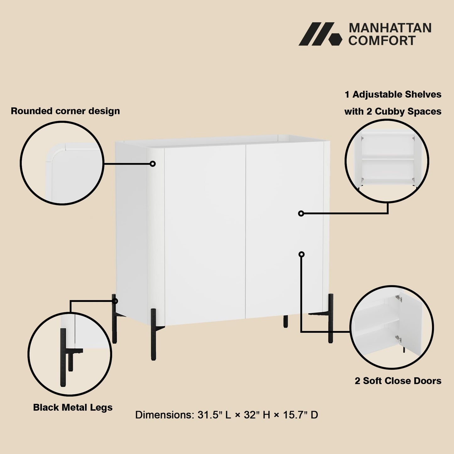Manhattan Comfort Abbey Accent Cabinet with Doors, Tray Top Design and Adjustable Shelves, Sleek Modern Storage Furniture for Dining Area, Living Room Entryway, White