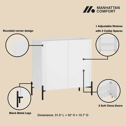 Manhattan Comfort Abbey Accent Cabinet with Doors, Tray Top Design and Adjustable Shelves, Sleek Modern Storage Furniture for Dining Area, Living Room Entryway, White