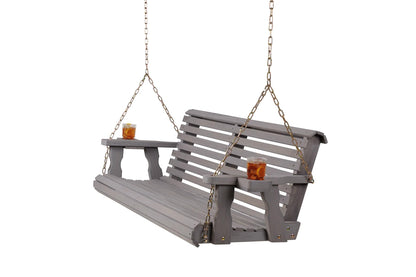 Amish Casual Heavy Duty 700 Lb Capacity Porch Swing with Cup Holders (4 Foot, Semi-Solid Grey Stain) – Wooden Outdoor Roll Back Swing with Hanging Chains – Amish Made in the USA