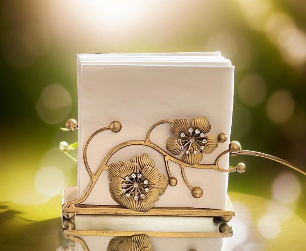 Gold Orchid Blooms Napkin Holder| Exquisite Orchid Flowers & Faux Crystals Design| Vertical Iron Metal Disposable