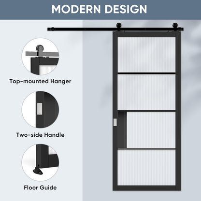 JUBEST 36"x84" Glass Barn Door, 4-Panel Reeded Safety Glass & Matt Black Painted Wood Frame Door Slab with 6FT Hardware Kits & Handles, Wear-Resistant & Scratch-Resistant, Preassembled